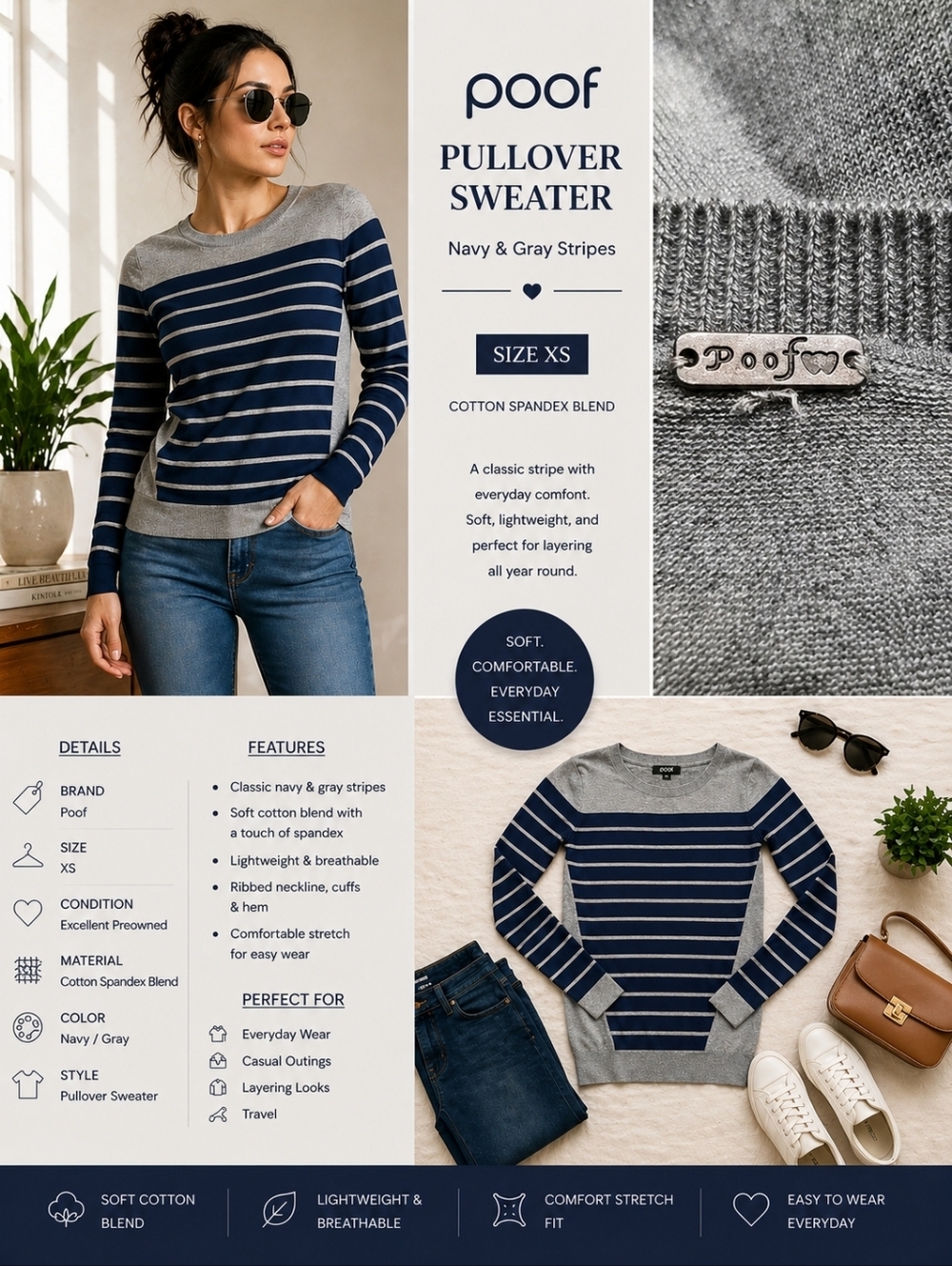 Poof Navy Gray Striped Pullover Sweater XS Cotton Spandex Lightweight Stretch